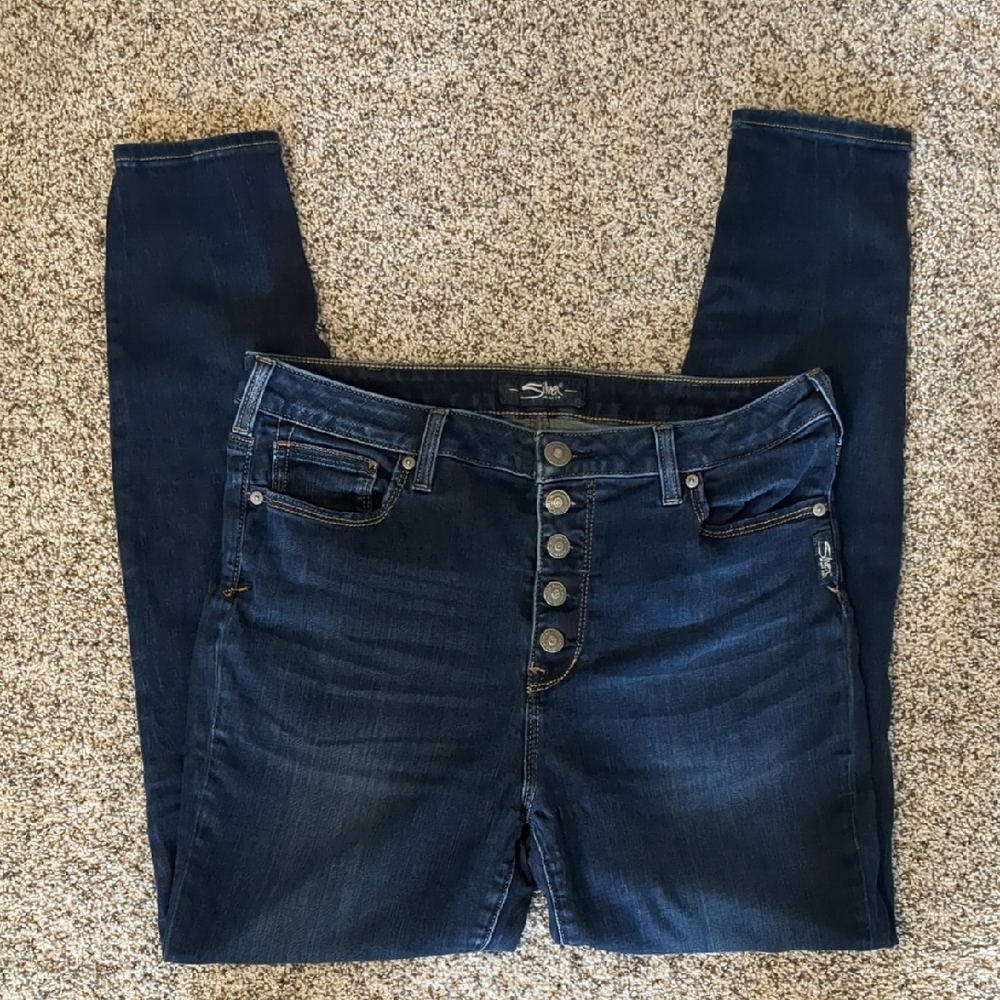 Silver Jeans High Rise Dark Blue Button-Fly Skinny Jeans